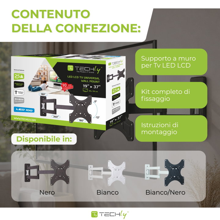 Supporto a Muro per TV LED LCD 19-37" Inclinabile 3 Snodi Bianco - Techly ICA-LCD 2903WH