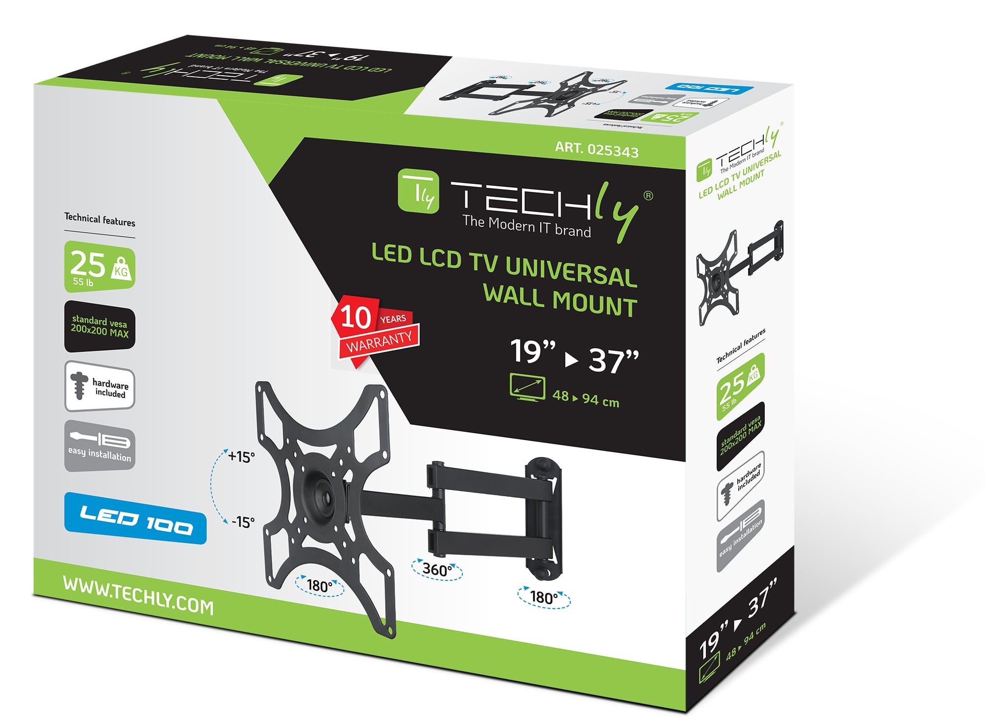 Supporto a Muro per TV LED LCD 19-37'' Full-Motion Nero - Techly ICA-LCD 2923B