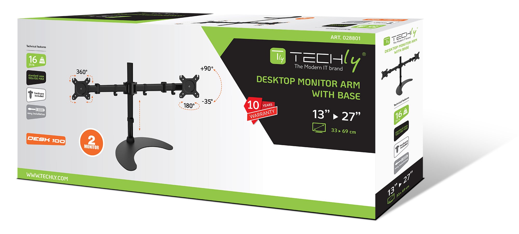 Supporto da scrivania per 2 Monitor 13-27'' con base h.400m - Techly ICA-LCD 3410