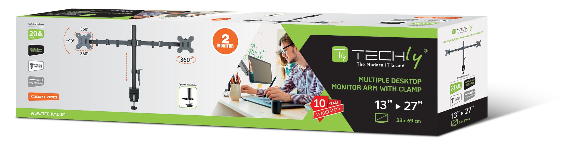 Supporto da Scrivania per 2 Monitor 13-27'' Installazione con Morsetto o Vite Passante - Techly ICA-LCD 382-D