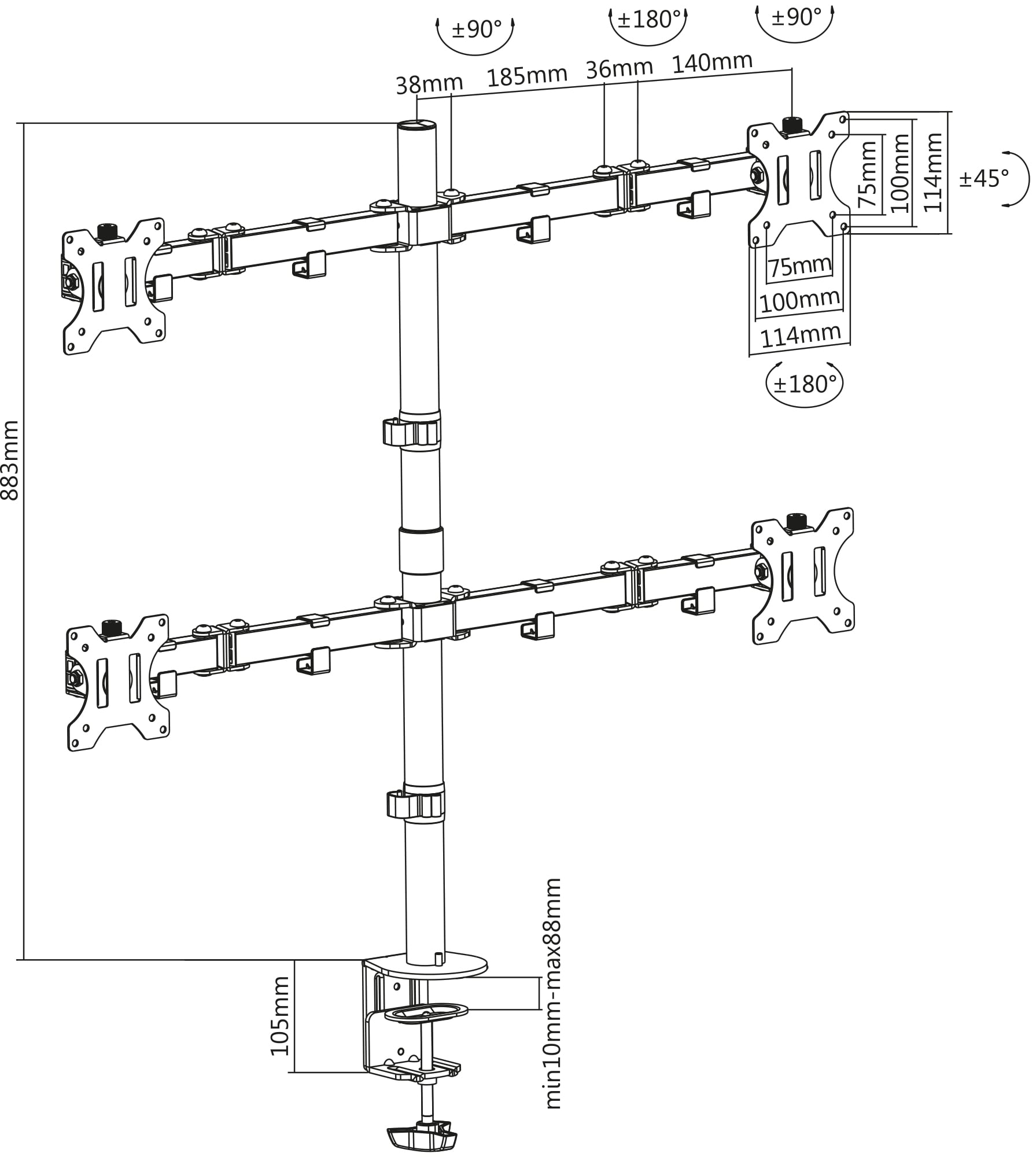 Desk support for 4 Monitor 13 - 32 " with Clamp - Manhattan ICA-LCD 461 -Q