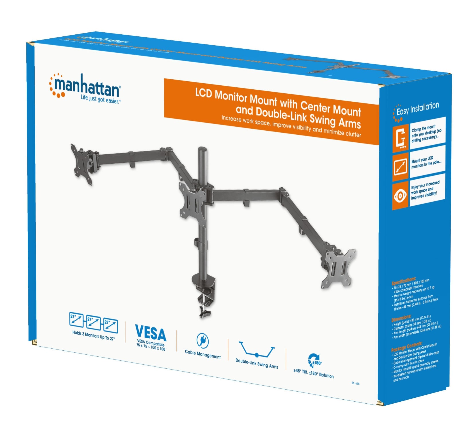 Desk support for 3 Monitor 13 - 27 " with Clamp - Manhattan ICA-LCD 461 -T