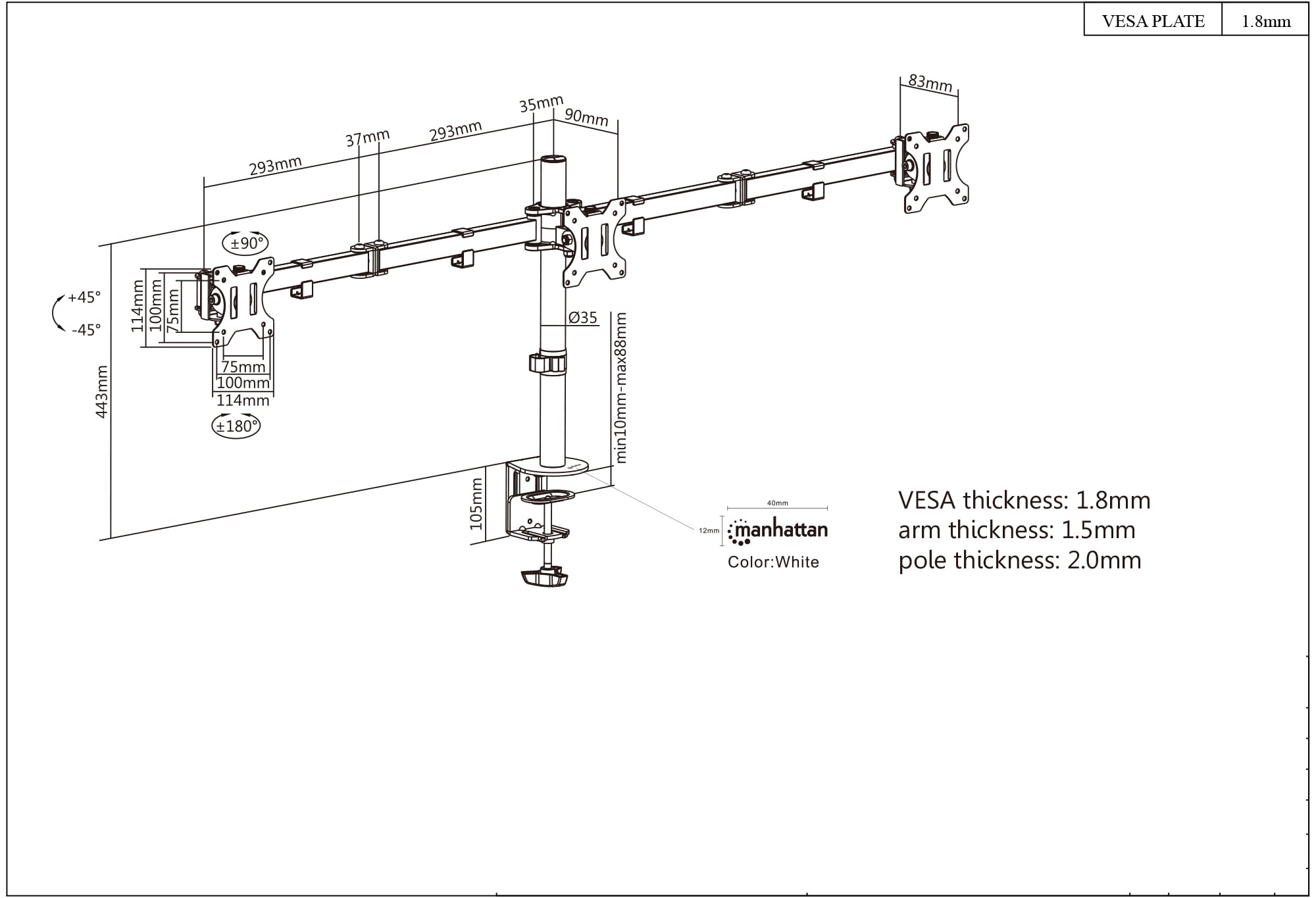 Desk support for 3 Monitor 13 - 27 " with Clamp - Manhattan ICA-LCD 461 -T