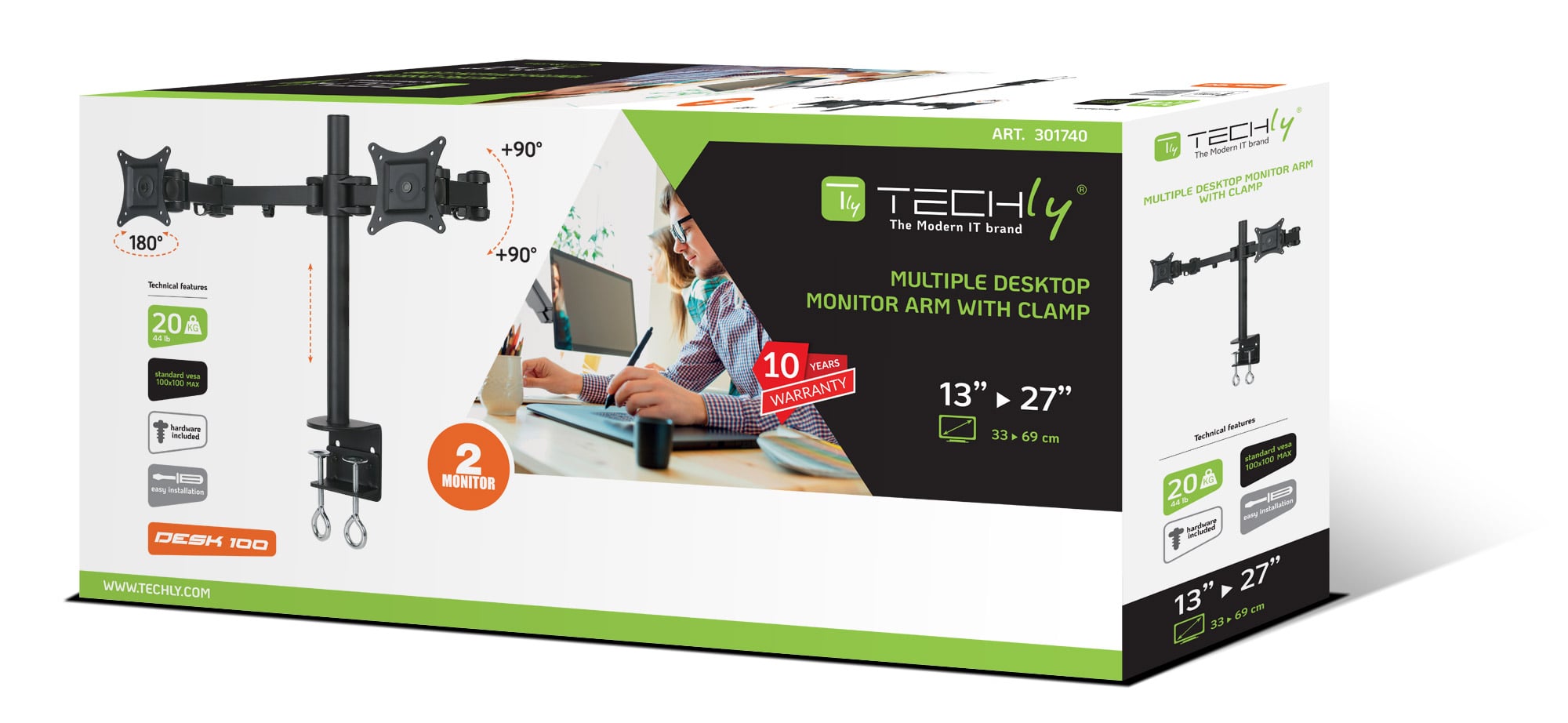 Supporto da Scrivania per 2 Monitor 13-27'' Diametro 48 mm ad Altezza Regolabile con Morsetto a C - Techly ICA-LCD 482-D