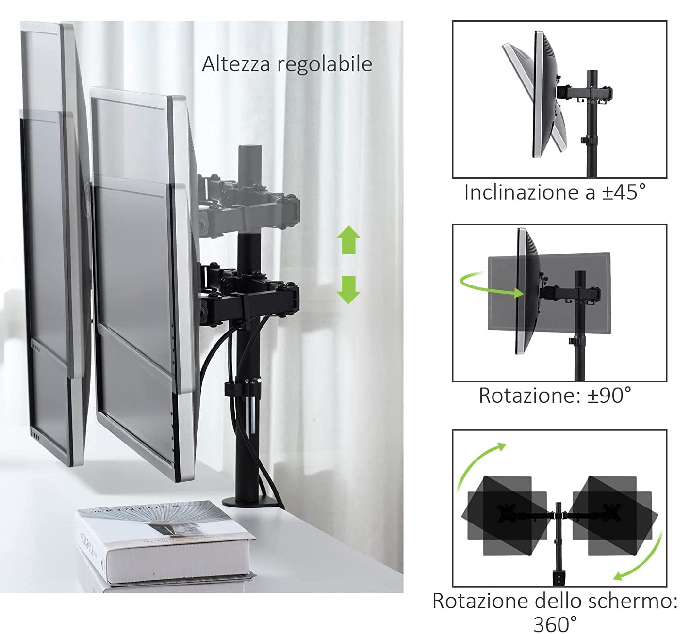 Supporto da Scrivania per 2 Monitor 13-27'' Diametro 48 mm ad Altezza Regolabile con Morsetto a C - Techly ICA-LCD 482-D