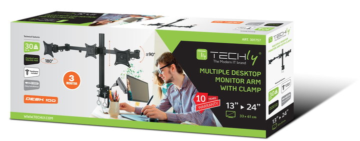 Desktop stand for 3 Monitor 13-24" with Clamp - Techly ICA-LCD 482-T