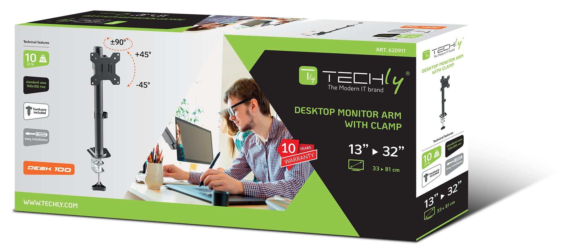 Supporto da Scrivania con Morsetto per Monitor 13-32'' Braccio Corto Inclinabile - Techly ICA-LCD 510BK