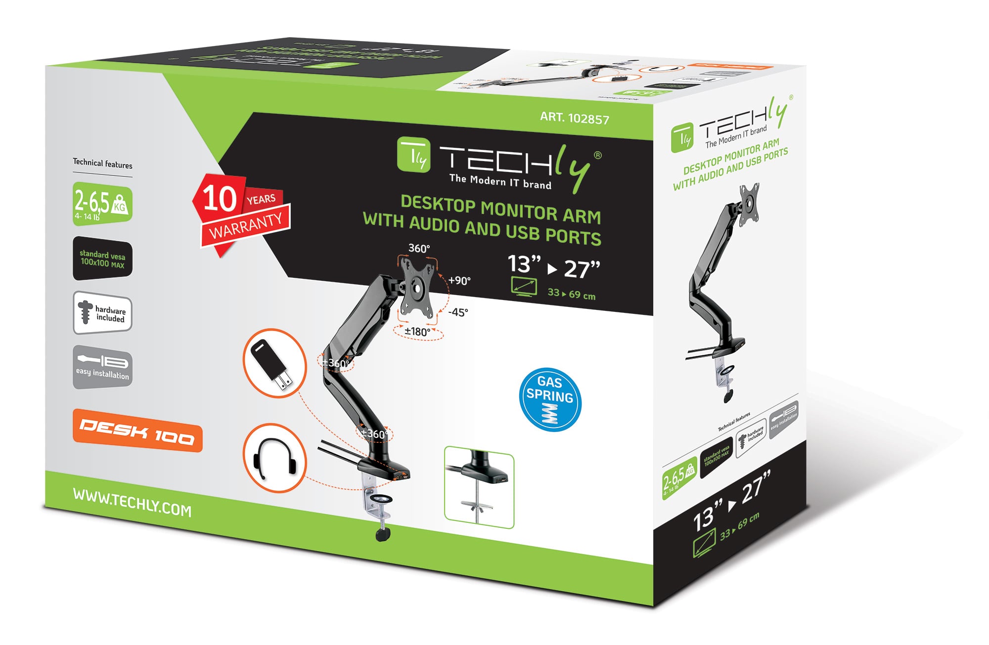 Supporto da Scrivania per Monitor 13-27'' con USB e audio - Techly ICA-LCD 514