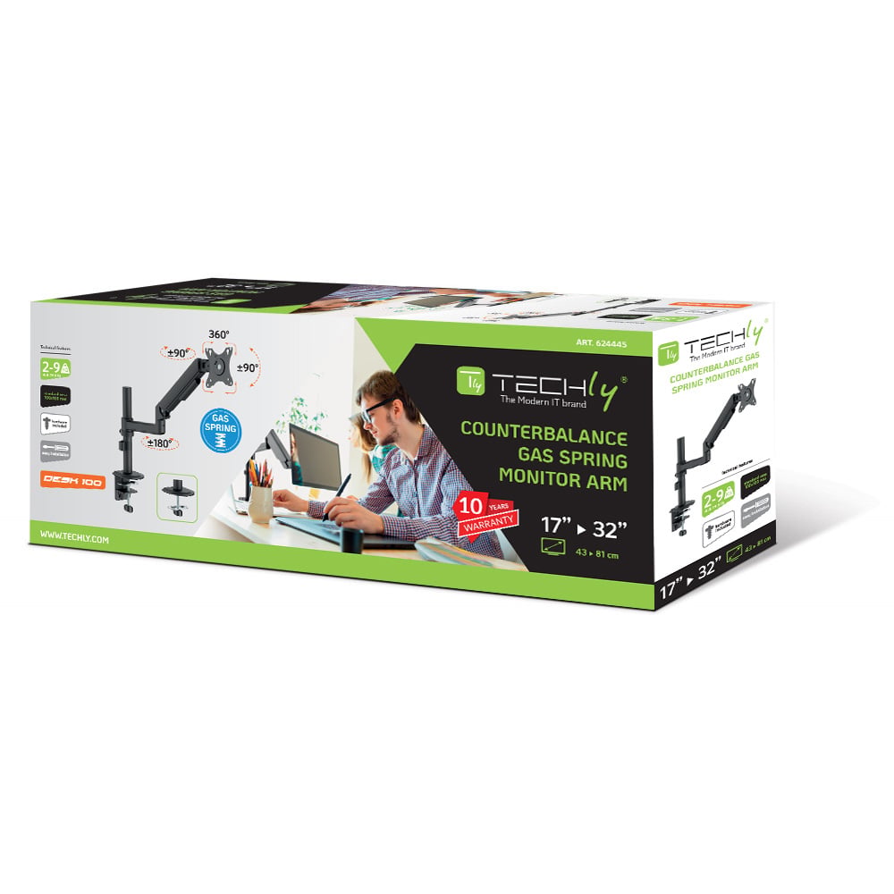 Supporto da Scrivania per Monitor 17-32'' con Molla a Gas Estensione 501 mm - Techly ICA-LCD 519B