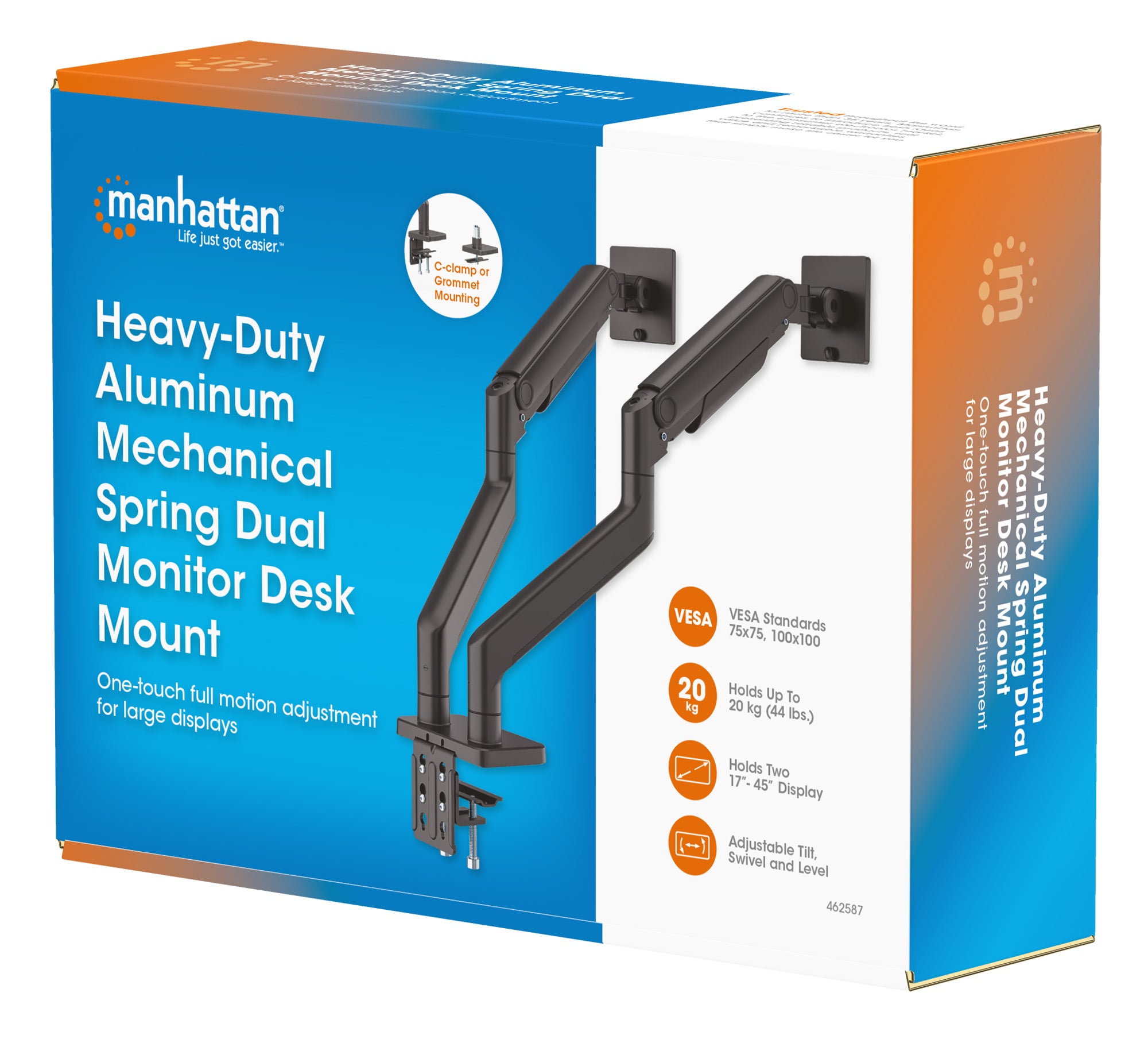 Supporto da Scrivania per Doppio Monitor 17-45'' con Molla Meccanica in Alluminio - Manhattan ICA-LCD 545
