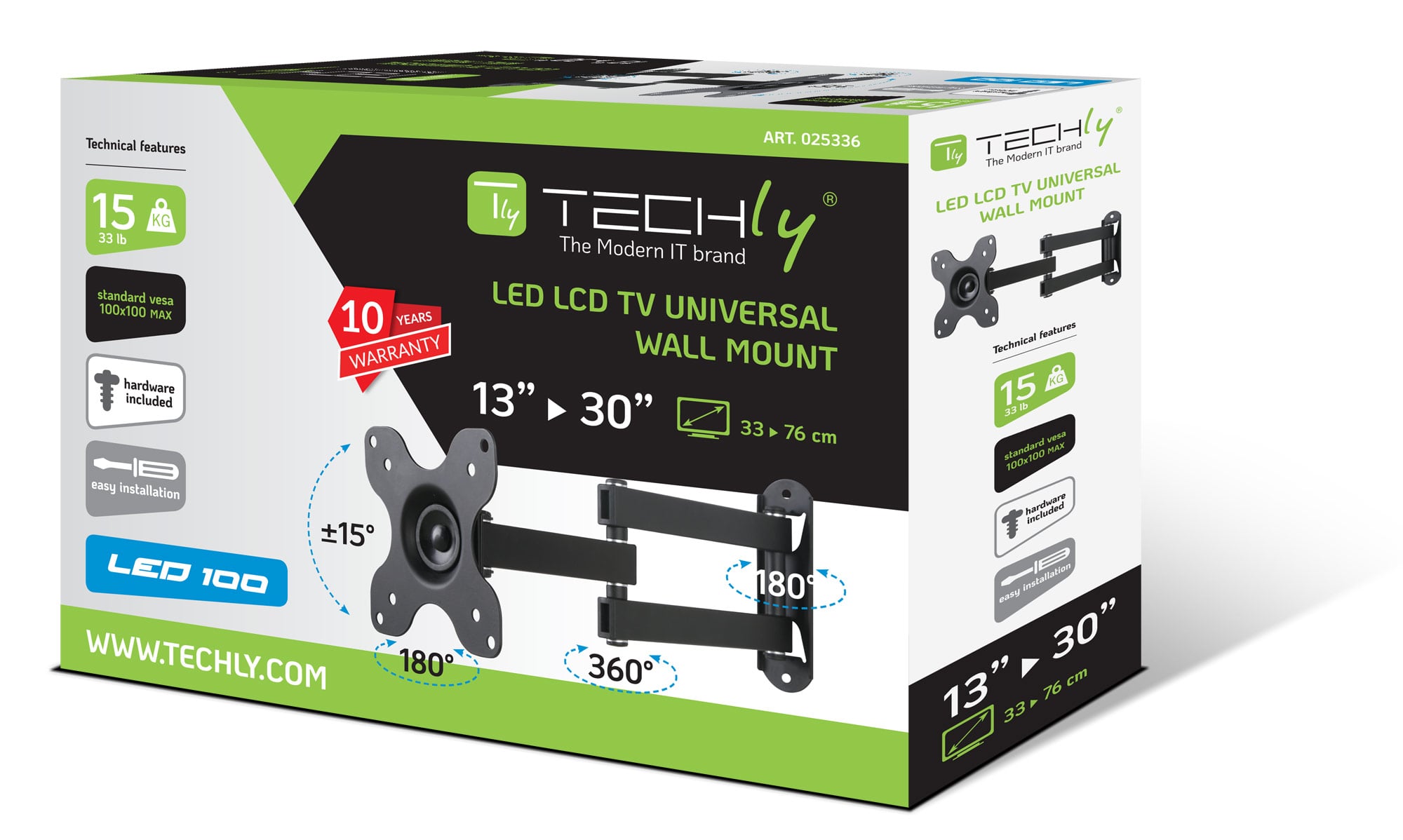 Supporto a Muro per TV LED LCD 13-30'' Full-Motion Nero - Techly ICA-LCD 923B