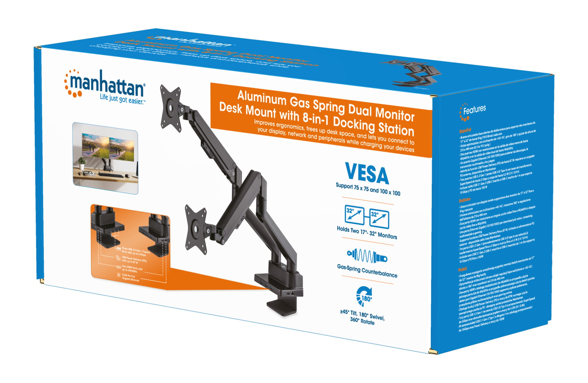 Supporto da Scrivania Doppio Monitor 17-32'' con Molla a Gas e Docking Station 8-in-1 - Manhattan ICA-LCD DUAL-DOCKMH