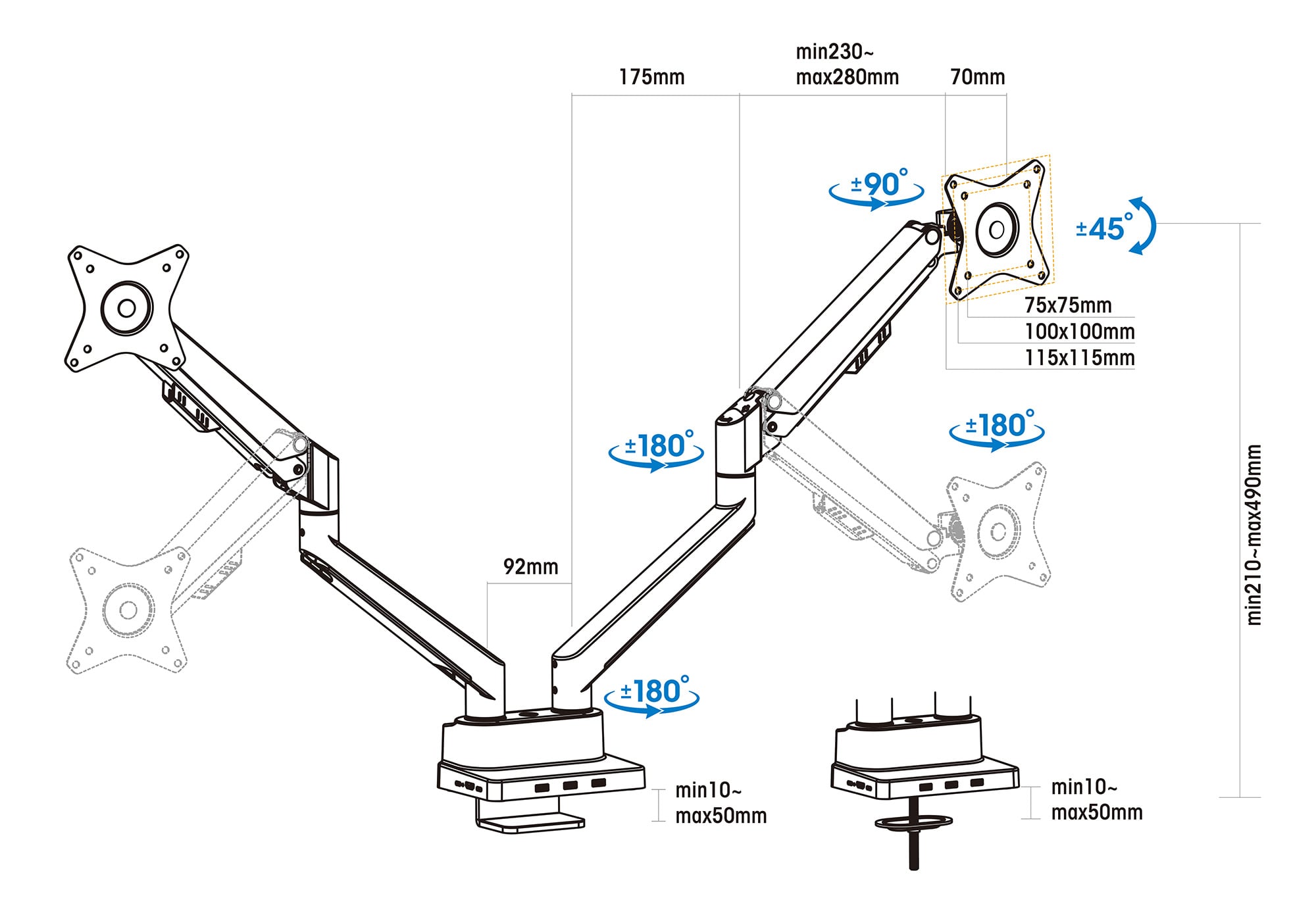 Supporto da Scrivania Doppio Monitor 17-32'' con Molla a Gas e Docking Station 8-in-1 - Manhattan ICA-LCD DUAL-DOCKMH