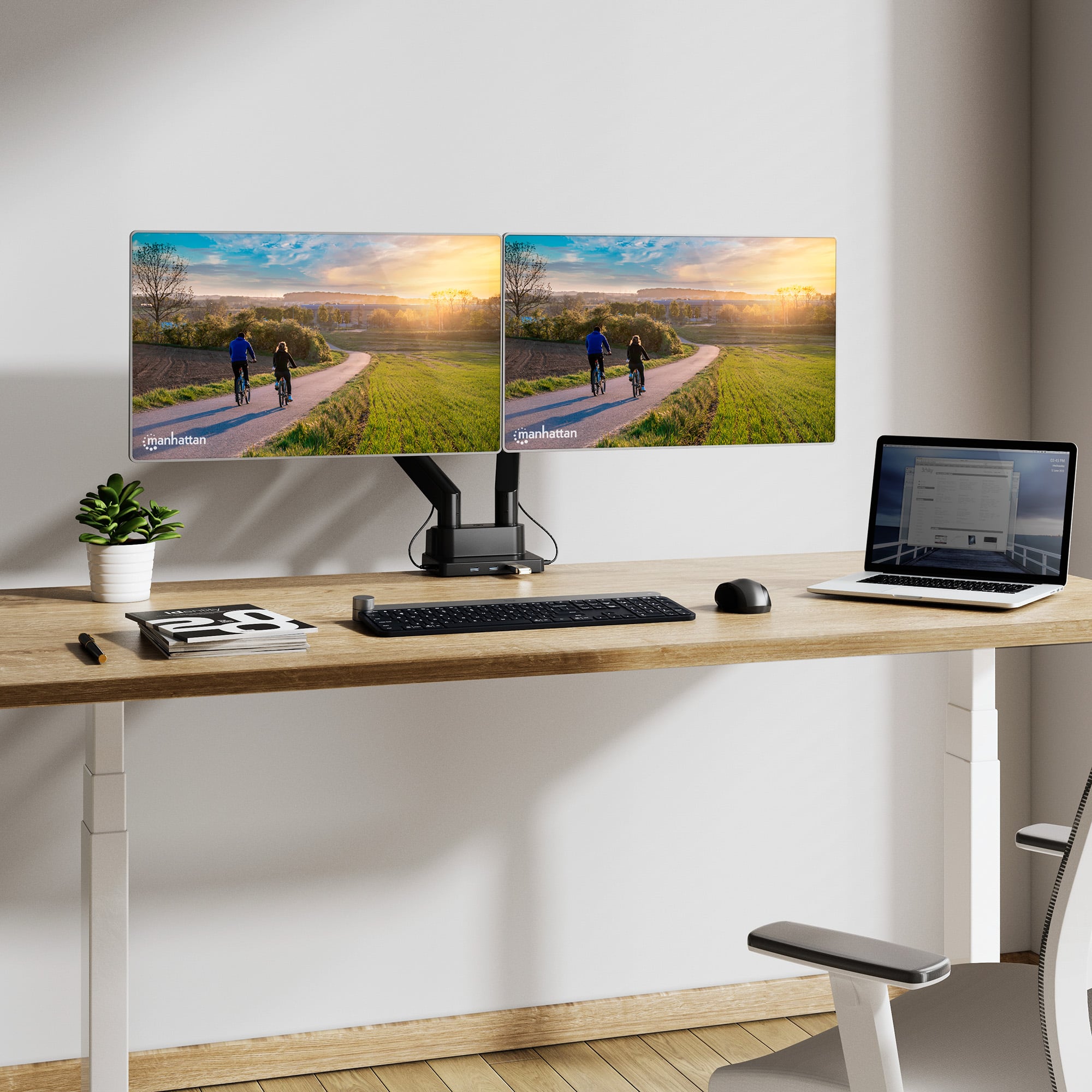 Supporto da Scrivania Doppio Monitor 17-32'' con Molla a Gas e Docking Station 8-in-1 - Manhattan ICA-LCD DUAL-DOCKMH