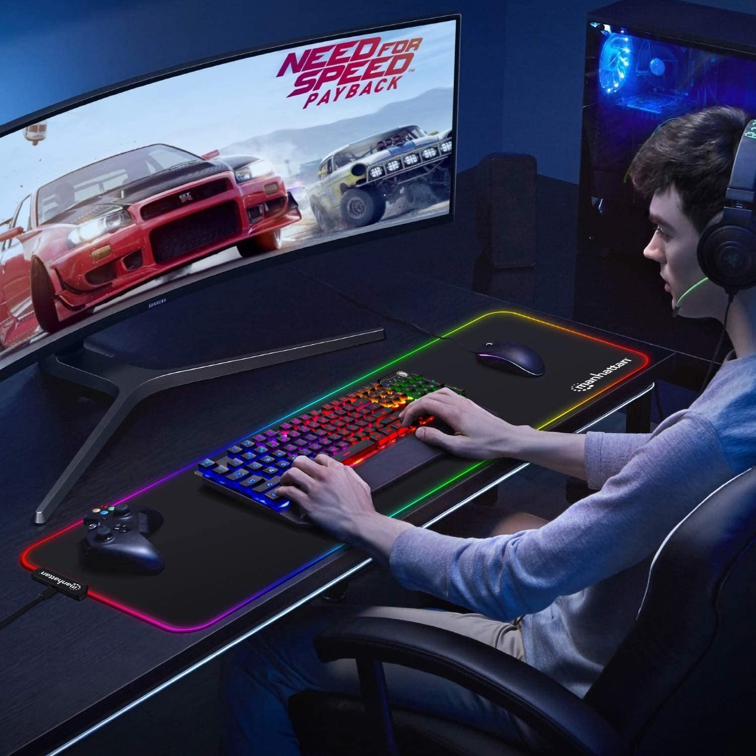 Tappetino Mouse Gaming XXL Illuminazione LED Effetti Luce RGB - Manhattan ICA-MP GAMEXL-RGB