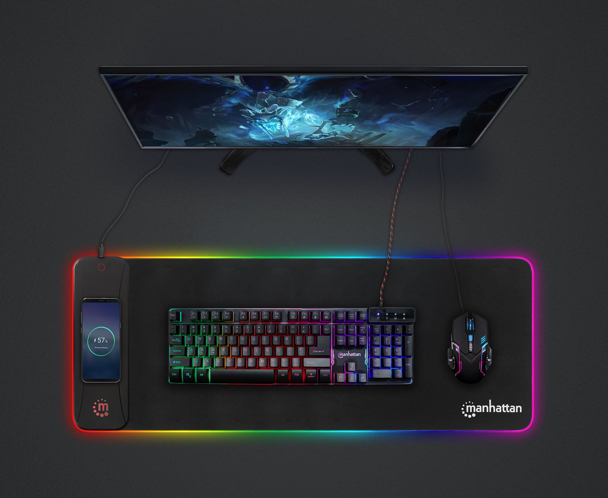 Tappetino Mouse Gaming XXL con LED RGB e Caricatore Wireless 10W - Manhattan ICA-MP GAMEXL-WR
