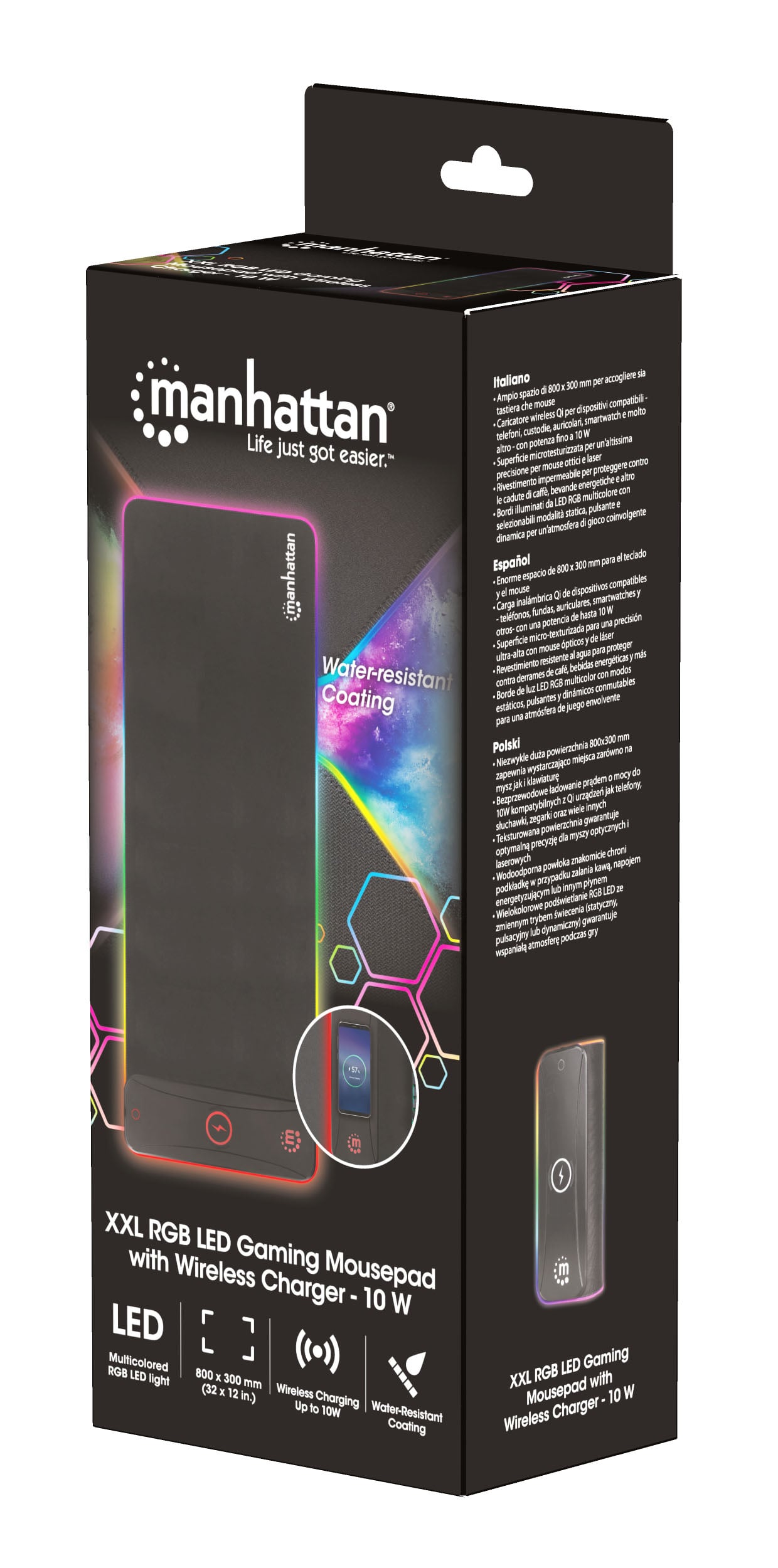 Tappetino Mouse Gaming XXL con LED RGB e Caricatore Wireless 10W - Manhattan ICA-MP GAMEXL-WR
