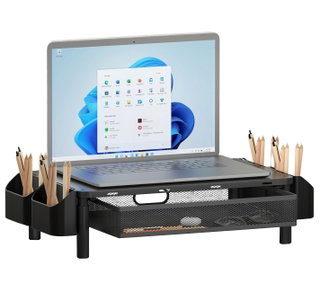 Supporto per Monitor Ergonomico Regolabile a 3 Altezze con Cassetto e Portaoggetti - Techly ICA-MS 114