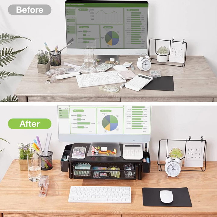 Supporto per Monitor Ergonomico Regolabile a 3 Altezze con Cassetto e Portaoggetti - Techly ICA-MS 114