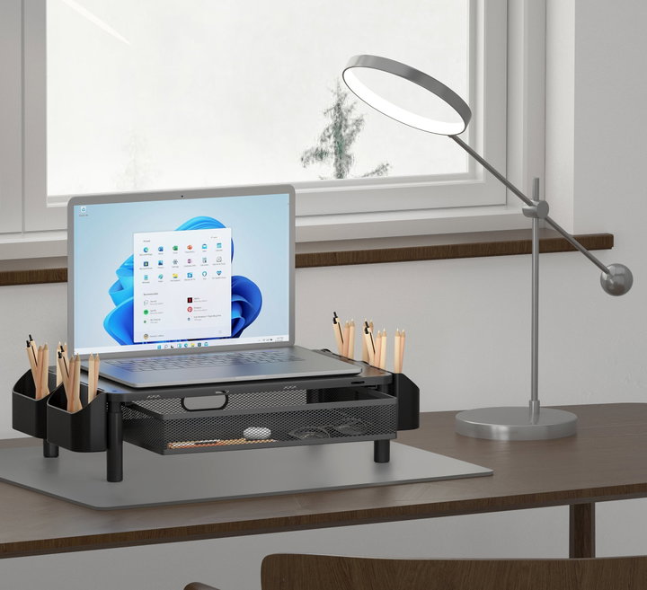 Supporto per Monitor Ergonomico Regolabile a 3 Altezze con Cassetto e Portaoggetti - Techly ICA-MS 114
