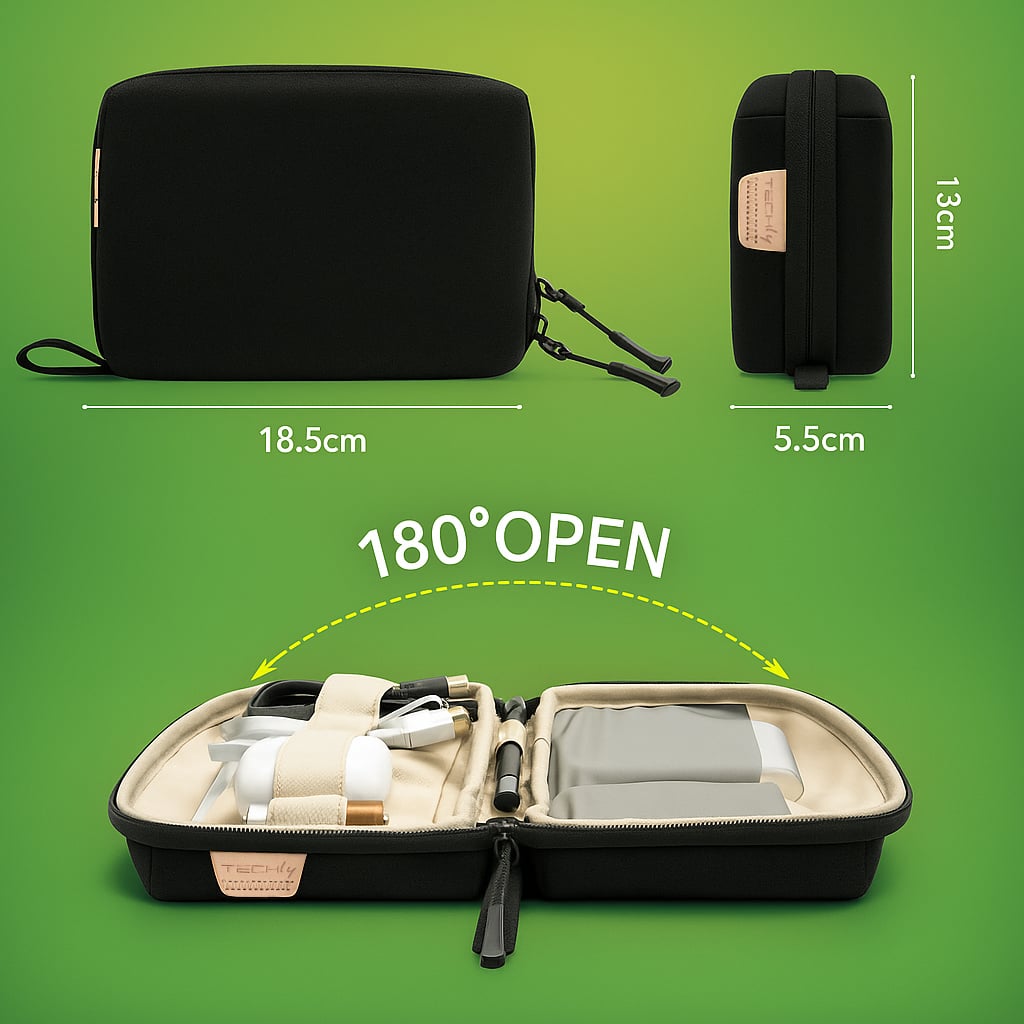 Borsa Organizer Compatta per Accessori Ufficio Fotografia Viaggi, Nero - Techly ICA-NB PUNCH18BK