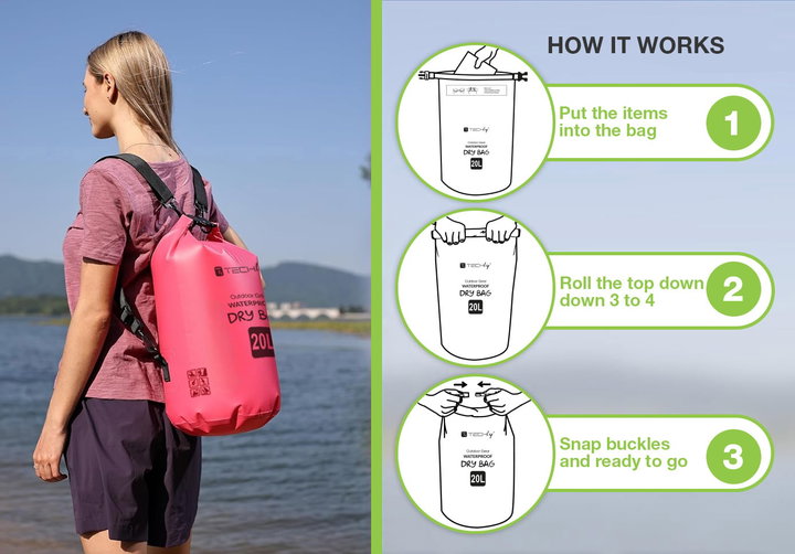 Sacca Impermeabile 20L Dry Bag Tracolla Regolabile Fucsia - Techly ICA-NB5 WP1020P