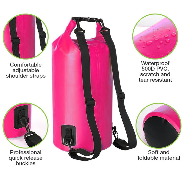 Sacca Impermeabile 20L Dry Bag Tracolla Regolabile Fucsia - Techly ICA-NB5 WP1020P