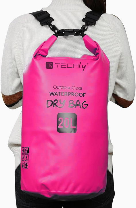 Sacca Impermeabile 20L Dry Bag Tracolla Regolabile Fucsia - Techly ICA-NB5 WP1020P