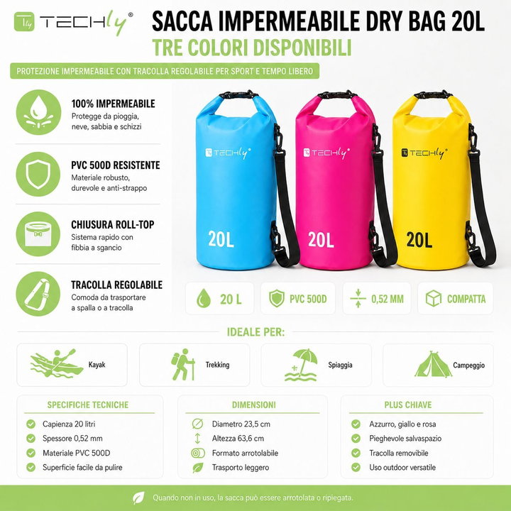 Sacca Impermeabile 20L Dry Bag Tracolla Regolabile Giallo - Techly ICA-NB5 WP1020Y