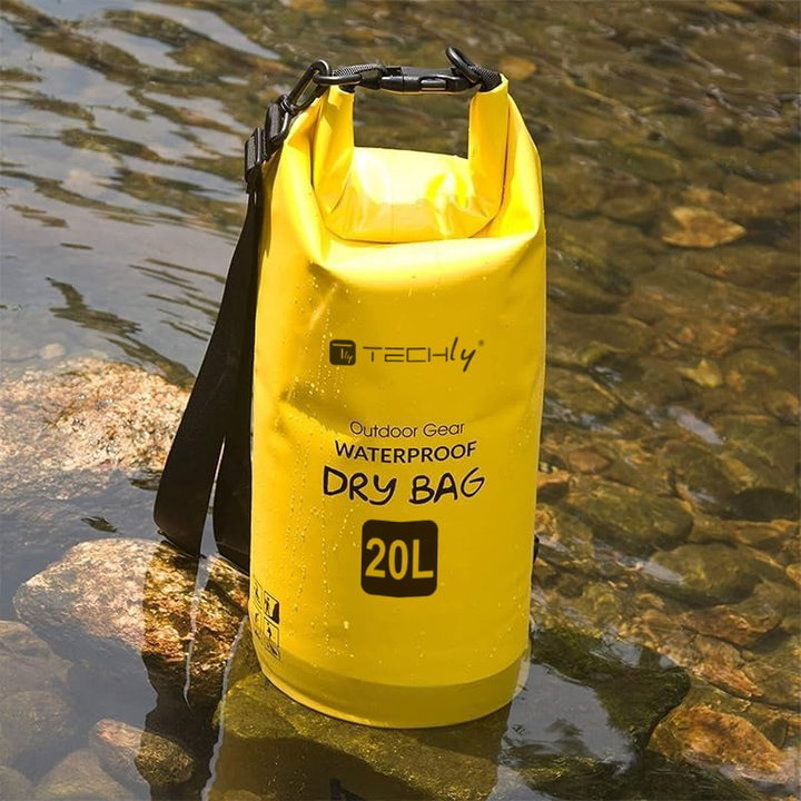 Sacca Impermeabile 20L Dry Bag Tracolla Regolabile Giallo - Techly ICA-NB5 WP1020Y