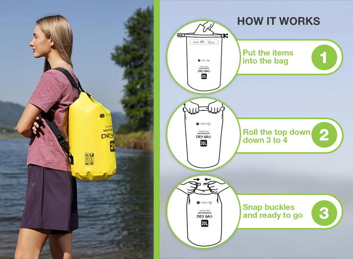Sacca Impermeabile 20L Dry Bag Tracolla Regolabile Giallo - Techly ICA-NB5 WP1020Y