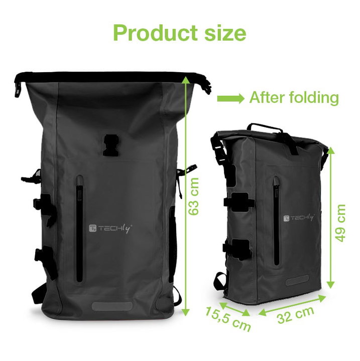 Zaino Impermeabile 25L Roll-Top Striscia Riflettente Nero - Techly ICA-NB5 WP2825B