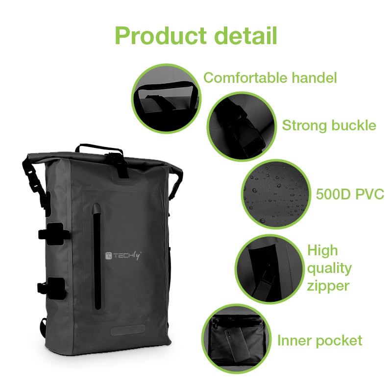 Backpack Waterproof 25 L Roll-Top with Reflective Black Strip - Techly ICA-NB 5 WP 2825 B