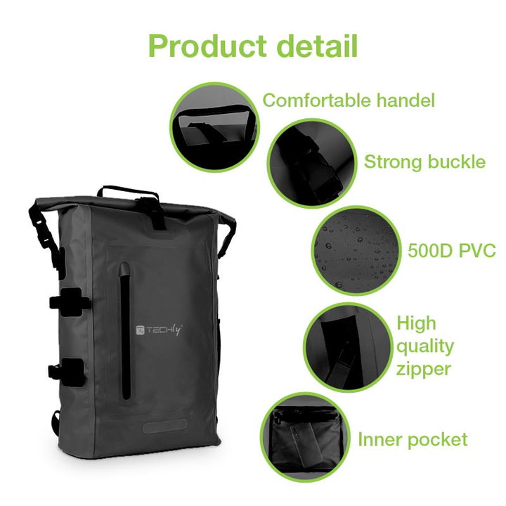 Zaino Impermeabile 25L Roll-Top Striscia Riflettente Nero - Techly ICA-NB5 WP2825B