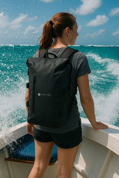 Zaino Impermeabile 25L Roll-Top Striscia Riflettente Nero - Techly ICA-NB5 WP2825B