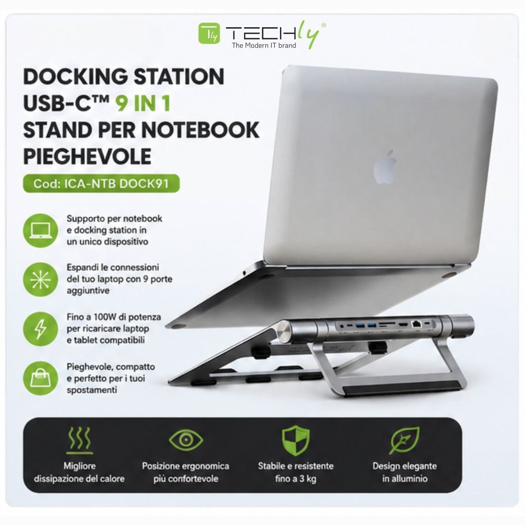 Docking Station USB-C™ 9 in 1 Hub USB3.1 Stand per Notebook Pieghevole - Techly ICA-NTB DOCK91