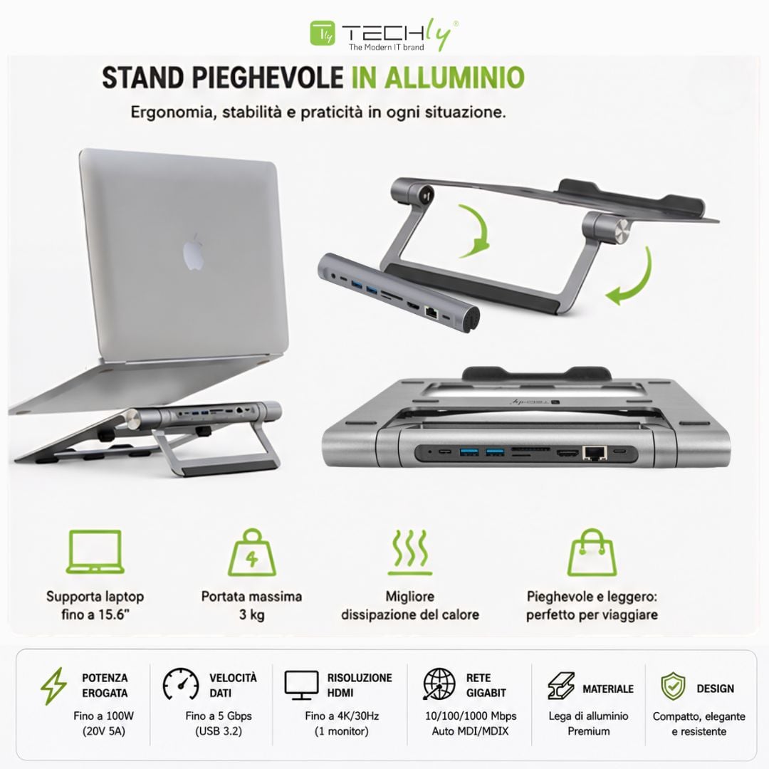 Docking Station USB-C™ 9 in 1 Hub USB3.1 Stand per Notebook Pieghevole - Techly ICA-NTB DOCK91