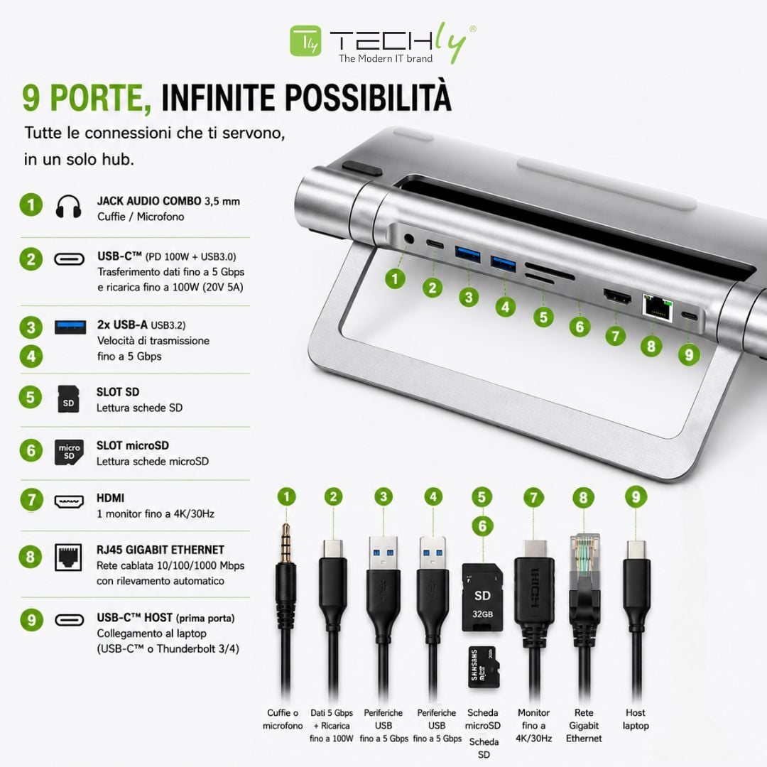 Docking Station USB-C™ 9 in 1 Hub USB3.1 Stand per Notebook Pieghevole - Techly ICA-NTB DOCK91