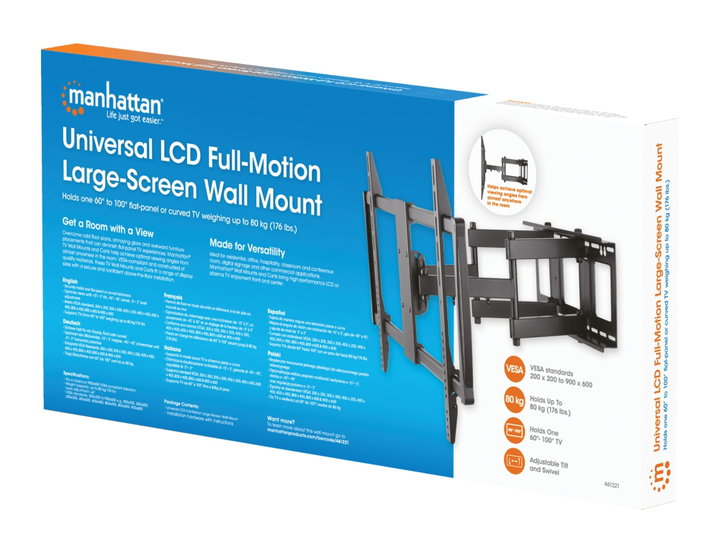 Staffa universale Full-Motion per fissaggio a parete di grandi schermi 60-100" - Manhattan ICA-PLB 221BK