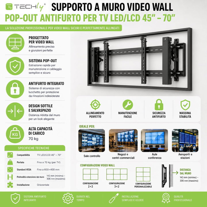 Supporto a Muro Video Wall Pop-Out Antifurto per TV 45-70" - Techly ICA-PLB 346VWT