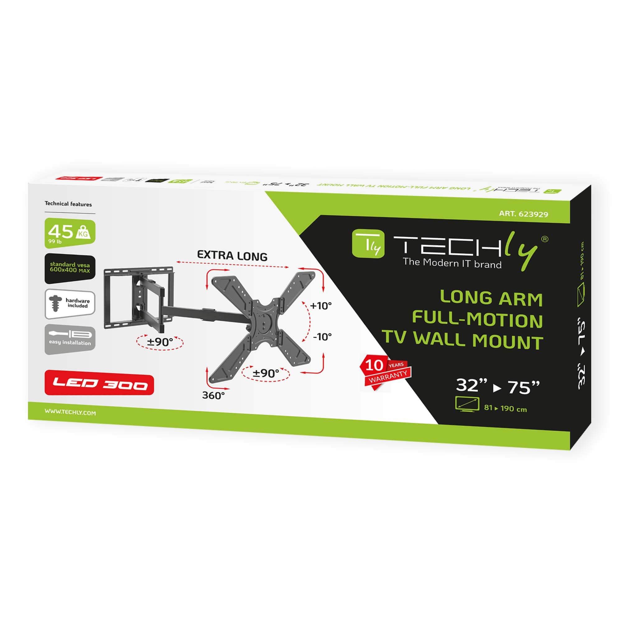 Supporto Universale da Parete Extra Long Full Motion per TV 32-75'' - Techly ICA-PLB 371
