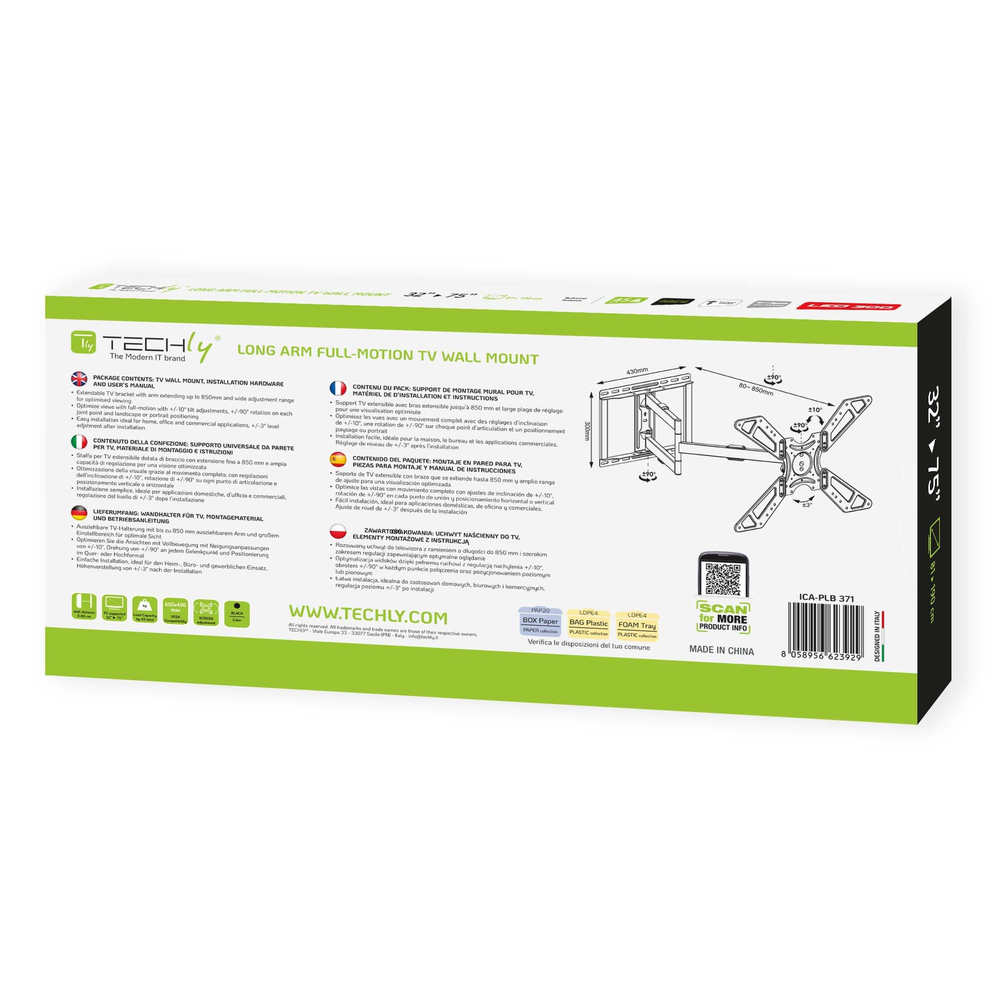 Supporto Universale da Parete Extra Long Full Motion per TV 32-75'' - Techly ICA-PLB 371