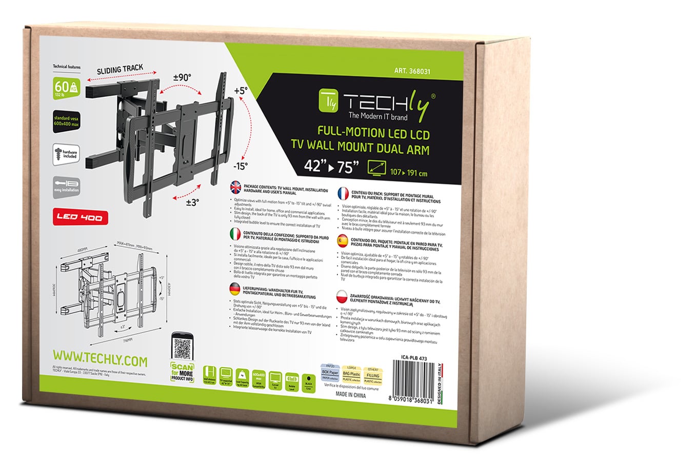 Staffa a Muro con Doppio Braccio per TV LCD 42-75'' Full-Motion - Techly ICA-PLB 473