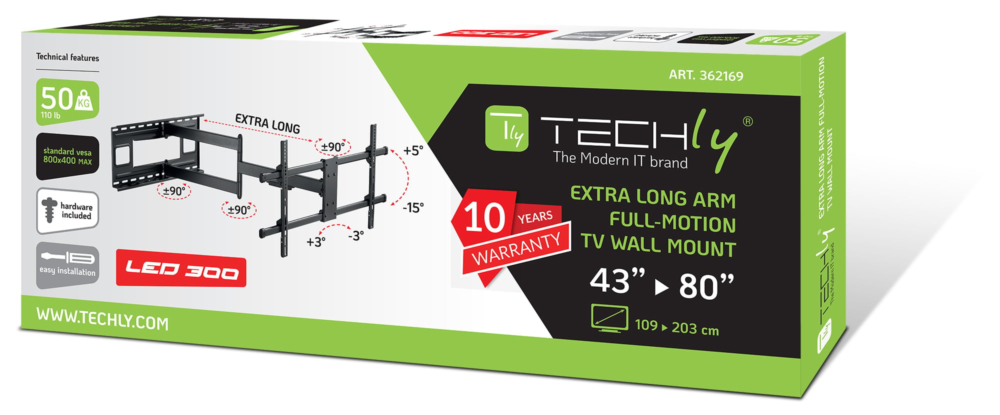 Staffa a Muro Braccio Estensibile fino a 1015 mm per LCD 43-80'' Nero - Techly ICA-PLB 490