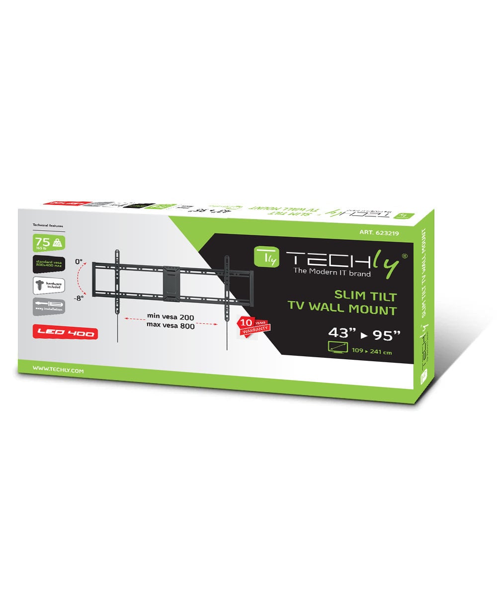 Supporto Universale a Muro Inclinabile Slim per TV LED/LCD 43-95'' Nero - Techly ICA-PLB 814T