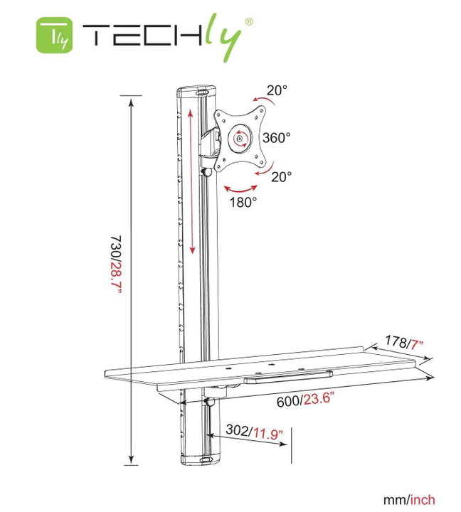 Postazione di lavoro a parete con supporto monitor e ripiano tastiera - Techly ICA-PLW 01