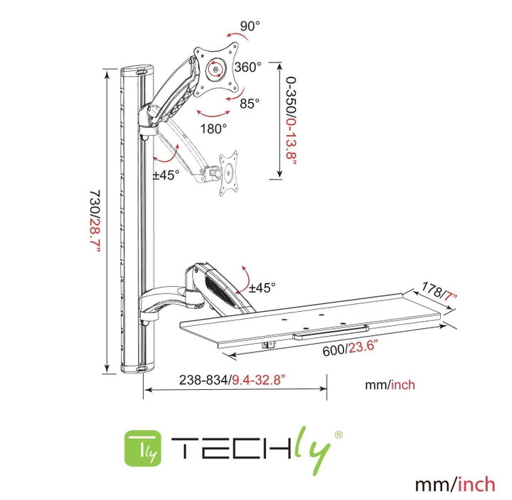 Postazione di lavoro a parete con supporto monitor e ripiano tastiera estensibile - Techly ICA-PLW 02