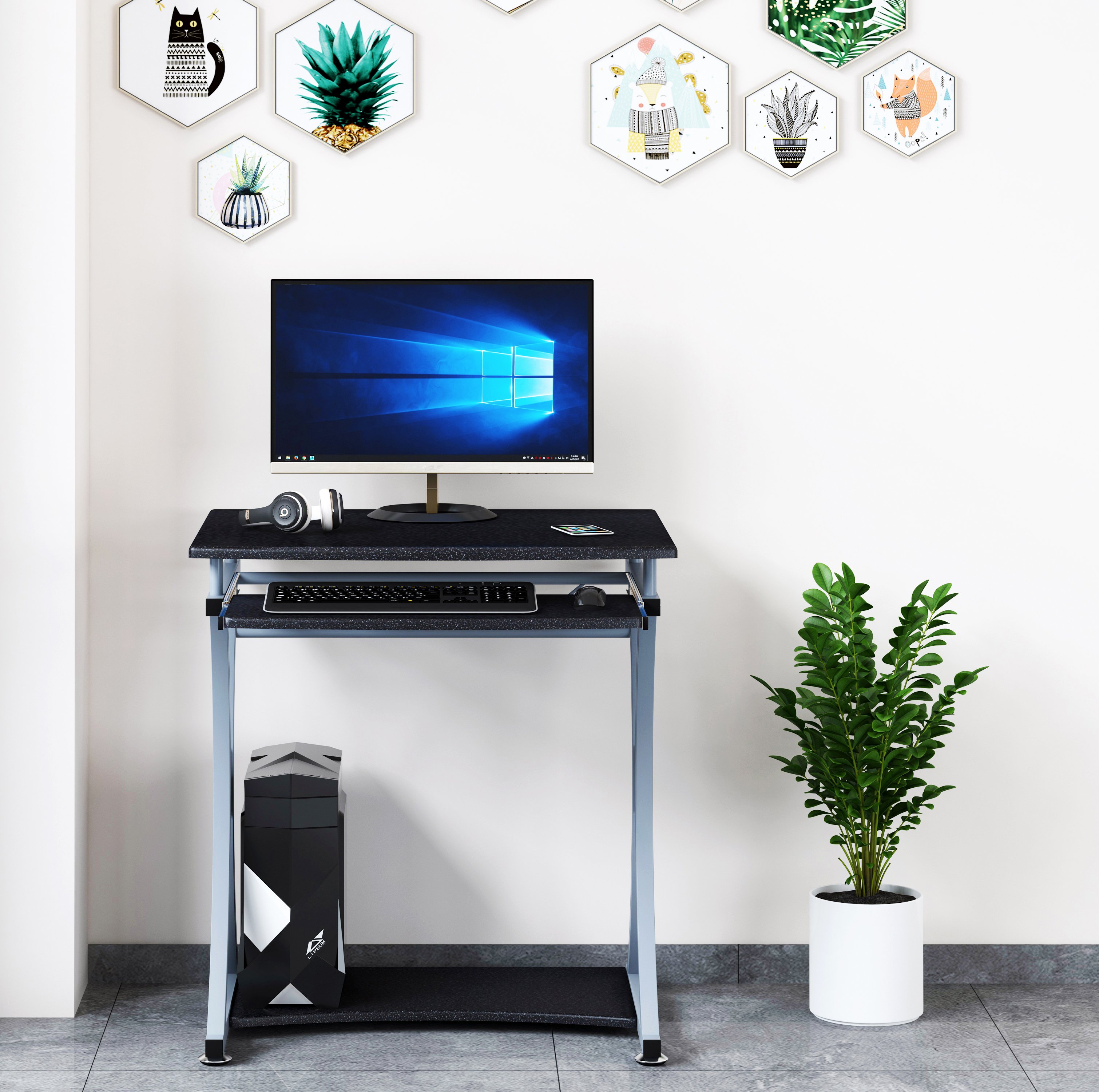 Scrivania per PC Compatta con Cassetto Estraibile, Nero Grafite - Techly ICA-TB 328BK
