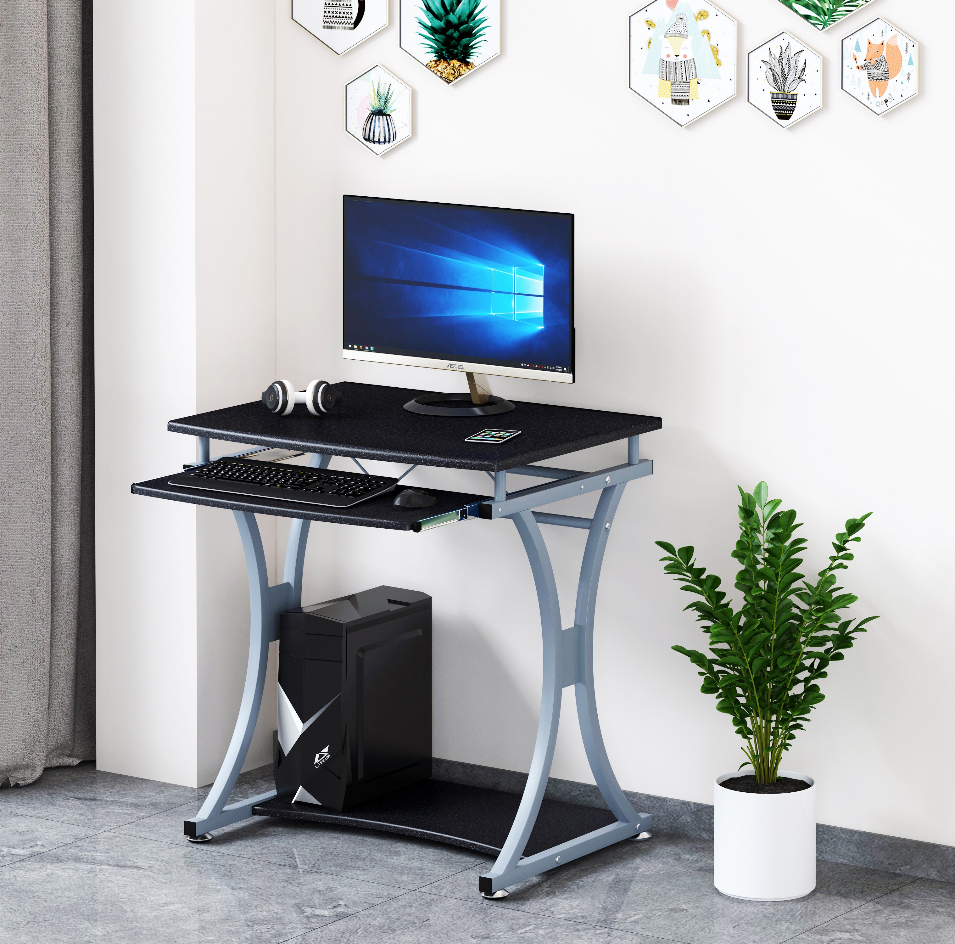 Scrivania per PC Compatta con Cassetto Estraibile, Nero Grafite - Techly ICA-TB 328BK
