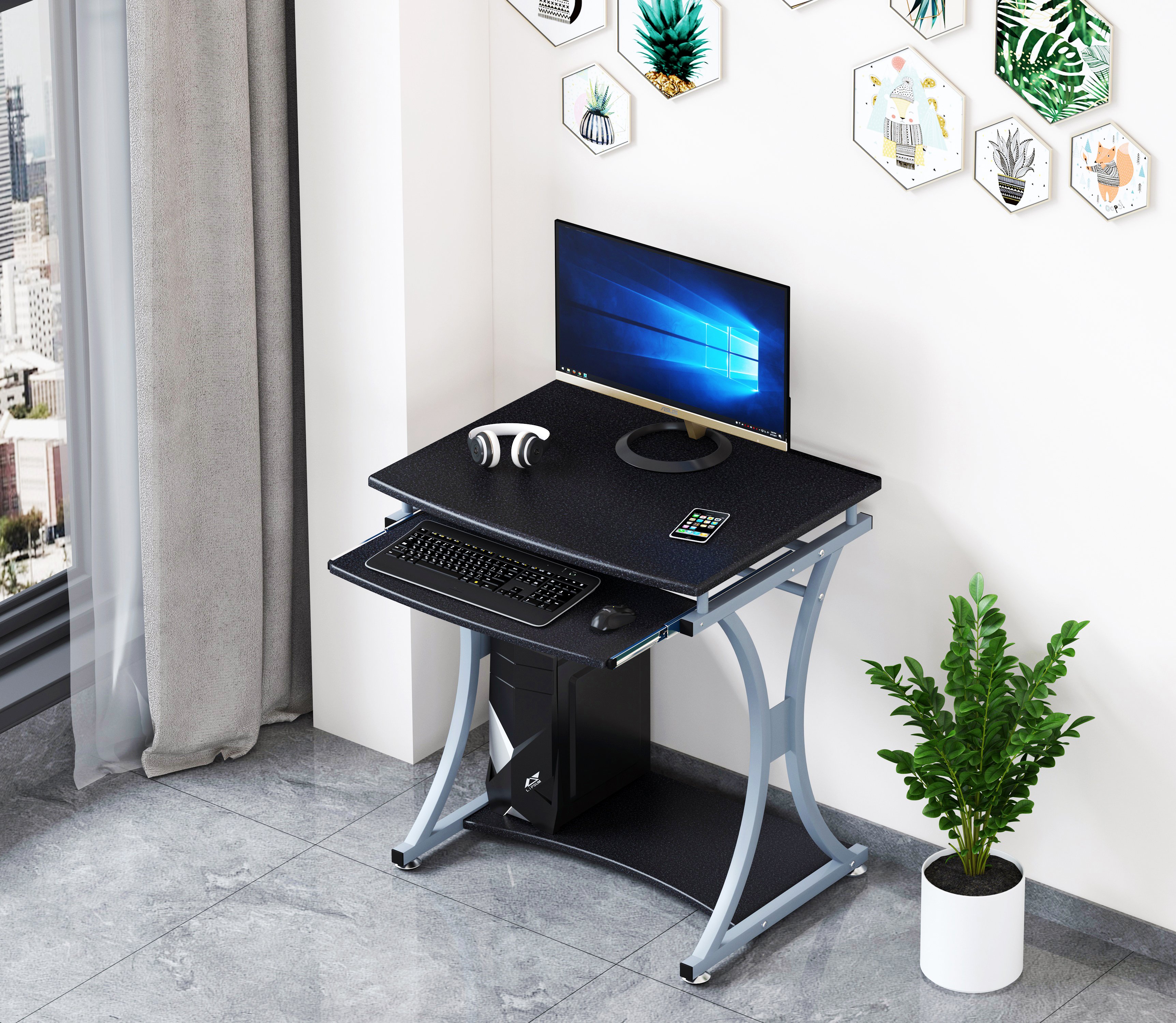Scrivania per PC Compatta con Cassetto Estraibile, Nero Grafite - Techly ICA-TB 328BK